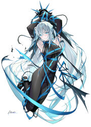  1girl bdsm blue_eyes blue_ribbon blush bondage bound bow braid breasts chain chain_leash closed_mouth collar cuffs fate/grand_order fate_(series) full_body grey_hair hair_between_eyes hair_bow highres kousaki_rui large_breasts leash long_hair looking_at_viewer morgan_le_fay_(fate) ponytail ribbon sidelocks simple_background solo very_long_hair white_background white_hair 