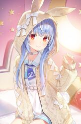  1girl animal_ears animal_hood blue_hair cable_knit cardigan choker closed_mouth commentary cross-laced_clothes cross-laced_sleeves dress hand_up highres hololive hood hooded_cardigan indoors long_hair long_sidelocks long_sleeves looking_at_viewer multicolored_hair official_alternate_costume rabbit-shaped_pupils rabbit_ears rabbit_girl rabbit_hood red_eyes sailor_collar sailor_dress short_dress short_eyebrows sidelocks sitting smile solo streaked_hair symbol-only_commentary symbol-shaped_pupils thick_eyebrows two-tone_hair usada_pekora usada_pekora_(casual) virtual_youtuber white_cardigan white_choker white_dress white_hair white_sailor_collar yuuki_hagure 