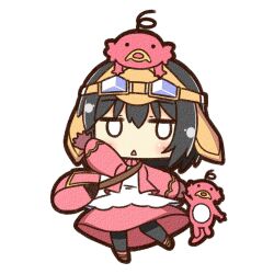  1girl arm_up bag black_hair canvas_texture chibi chibi_only commentary_request creature full_body goggles goggles_on_head handbag highres jacket looking_at_viewer merchant_(ragnarok_online) no_sclera open_mouth pink_bag pink_jacket pink_skirt ragnarok_online shirt shizukushigure short_hair simple_background skirt solo standing triangle_mouth white_background white_eyes white_shirt 