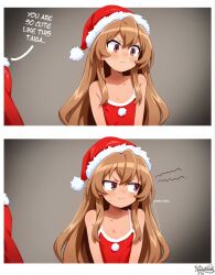  1boy 1girl ai-generated aisaka_taiga blush breasts brown_eyes brown_hair embarrassed hat highres long_hair looking_ahead looking_to_the_side no_bra nyantation santa_costume santa_hat small_breasts takasu_ryuuji toradora! 