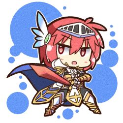  1boy :o armor armored_boots black_pants blue_cape boots breastplate canvas_texture cape chibi chibi_only commentary_request faulds feather_hair_ornament feathers fighting_stance full_body gauntlets hair_between_eyes hair_ornament holding holding_sword holding_weapon looking_at_viewer male_focus official_alternate_costume open_mouth pants pauldrons ragnarok_online red_eyes red_hair royal_guard_(ragnarok_online) shizukushigure shoulder_armor simple_background solo standing sword visor_(armor) weapon white_background 
