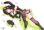  1girl black_hair blush boots breasts cat chomusuke commentary_request convenient_leg copyright_name episode_number grass hair_ornament jpeg_artifacts knee_boots kono_subarashii_sekai_ni_shukufuku_wo! large_breasts lying misu_kasumi necktie onomatopoeia panties pantyshot pantyshot_(lying) paw_pose smile thigh-highs underwear yunyun_(konosuba) 