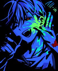  1boy 7eiaq3939 alien_stage blue_theme commentary english_commentary english_text fang hand_on_own_ear highres holding holding_microphone ivan_(alien_stage) limited_palette male_focus microphone one_eye_closed open_mouth red_pupils smile solo song_name 