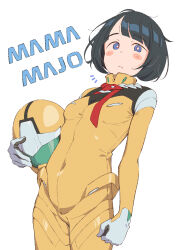 1girl black_gloves black_hair blue_eyes blunt_bangs blush blush_stickers bob_cut bodysuit breasts bright_pupils clenched_hand closed_mouth commentary_request covered_navel cowboy_shot earth_federation_space_forces eitopondo expressionless gloves gundam gundam_gquuuuuux helmet highres holding holding_unworn_helmet looking_at_viewer mecha_pilot_suit multicolored_gloves no_sclera normal_suit_(gundam) notice_lines romaji_text shiiko_sugai short_hair simple_background skin_tight small_breasts solo standing translated two-sided_gloves two-tone_gloves unworn_headwear unworn_helmet white_background white_gloves white_pupils yellow_bodysuit 