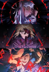  archer_(fate) archer_alter_(fate) armor artoria_pendragon_(fate) black_armor blonde_hair blue_hair bow_(weapon) capelet corruption cu_chulainn_(caster)_(fate) cu_chulainn_(fate) dark-skinned_male dark_skin earrings excalibur_morgan_(fate) fate/grand_order fate_(series) fur-trimmed_hood fur_trim fuyuki_(fate/grand_order) highres holding holding_bow_(weapon) holding_weapon hood hooded_capelet jewelry red_eyes runes saber_alter sidelocks span_(shibanyu63868) weapon white_hair yellow_eyes 