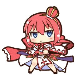  1girl belt black_shoes blue_eyes blush bow bowtie canvas_texture chibi chibi_only closed_mouth commentary_request crown dress full_body looking_at_viewer mini_crown official_alternate_costume pink_hair purple_belt ragnarok_online red_bow red_bowtie red_crown shizukushigure shoes short_hair simple_background smile solo sorcerer_(ragnarok_online) standing white_background white_dress wide_sleeves 