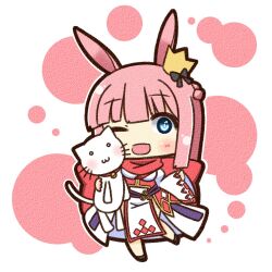  1girl :d animal animal_ears blue_eyes blush canvas_texture cat chibi chibi_only commentary_request crown dress full_body highres holding holding_animal holding_cat layered_dress looking_at_viewer mini_crown official_alternate_costume open_mouth pink_hair rabbit_ears rabbit_girl ragnarok_online red_dress red_scarf scarf shizukushigure simple_background smile solo sorcerer_(ragnarok_online) standing white_background white_cat white_dress 