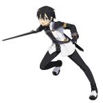  1boy black_eyes black_gloves black_hair black_pants full_body gloves hair_between_eyes holding holding_sword holding_weapon kirito official_art one_leg_raised open_mouth pants sheath solo sword sword_art_online sword_art_online_the_movie:_ordinal_scale weapon 
