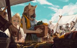  1other 3boys 4girls :o bare_arms basket black_skirt blue_eyes blue_sky blue_tank_top blush brown_hair child closed_mouth clouds cloudy_sky commentary day display_case dress elise_(nashidrop) english_commentary food gold_ring hand_on_hilt holding holding_basket horns jewelry market merchant multiple_boys multiple_girls nashidrop necklace old old_woman oni open_mouth original outdoors over_shoulder pear_(nashidrop) people planted planted_sword pointy_ears ponytail scenery short_eyebrows short_hair single_horn skin-covered_horns skirt sky slice_of_life surprised sword tank_top unworn_jewelry vegetable weapon white_dress window_shopping 