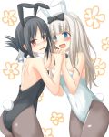  2girls :0 :d animal_ears arm ass back bangs bare_arms bare_back bare_shoulders black_bow black_bowtie black_hair black_leotard blue_eyes blunt_bangs blush bow bowtie breasts bunny_girl bunny_tail bunnysuit couple detached_collar embarrassed fake_animal_ears female floral_background flower folded_ponytail fujiwara_chika grey_legwear hair_bow hand_holding happy interlocked_fingers kaguya-sama_wa_kokurasetai_~tensai-tachi_no_renai_zunousen~ leotard long_hair looking_at_another looking_at_viewer looking_away medium_breasts multiple_girls pantyhose rabbit_ears red_eyes shinomiya_kaguya short_hair shy silver_hair small_breasts smile strapless strapless_leotard tail takemitsu-zamurai white_leotard wrist_cuffs yuri 