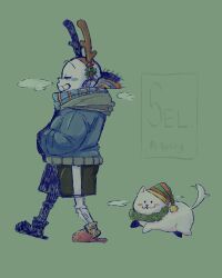  1boy 2024 2d animal annoying_dog antler_hairband antlers artist_name black_shorts blue_jacket blue_scarf blush_stickers bone_print deer_antlers digital_media dog duo fake_antlers from_side full_body fur-trimmed_hat fur_trim green_background grey_hood hairband hands_in_pockets highres holly hood hood_down hooded_jacket humanoid jacket monster monster_boy multicolored_hat multicolored_scarf open_clothes open_jacket orange_scarf pink_slippers profile puff_of_air sans_(undertale) santa_hat scarf sel_mesanity shirt simple_background single_vertical_stripe skeleton slippers striped_hat striped_scarf striped_shorts tail_wagging teeth undead undertale utdr_(toby_fox) vertical-striped_clothes vertical-striped_shorts walking white_dog white_fur white_shirt white_stripes wreath yellow_scarf 