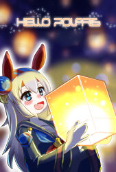  1girl animal_ears black_shirt blue_eyes blue_hairband blue_neckerchief blush commentary_request ear_covers fang gokudoh grey_hair hair_between_eyes hairband headband highres holding holding_lantern horse_ears horse_girl lantern long_hair long_sleeves neckerchief open_mouth red_headband red_neckerchief sailor_collar sailor_shirt shirt skin_fang smile striped_clothes striped_hairband tamamo_cross_(umamusume) umamusume 