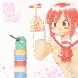  1girl aoneco blush blush_stickers cannon daruma_otoshi furrowed_eyebrows light_frown marker_(medium) missile nichijou pink_eyes pink_hair school_uniform short_hair sidelocks solo tachibana_misato toy traditional_media 