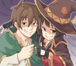  1boy 1girl arm_over_shoulder brown_eyes brown_hair button_eyes cape commentary fingerless_gloves gloves green_eyes grin hat highres kono_subarashii_sekai_ni_shukufuku_wo! megumin muchi_maro red_skirt satou_kazuma skirt smile smirk thumbs_up witch_hat 