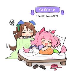  2girls animal_ears arrow_(symbol) bed blanket blush bow brown_hair closed_eyes commentary ear_bow ear_covers english_commentary english_text gameplay_mechanics green_bow hairband haru_urara_(umamusume) headband holding holding_blanket horse_ears horse_girl horse_tail king_halo_(umamusume) long_hair multiple_girls open_mouth pillow pink_hair pink_headband pleated_skirt puffy_short_sleeves puffy_sleeves purple_shirt red_headband sailor_collar school_uniform shibedraws shirt shoes short_sleeves skirt sleeping smile stuffed_carrot tail thigh-highs tracen_school_uniform umamusume unworn_headband unworn_shoes white_sailor_collar white_skirt white_thighhighs 
