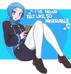  1girl absurdres beamed_eighth_notes black_shoes black_skirt blue_hair commentary earphones earphones eighth_note english_commentary english_text full_body grey_eyes highres jeff_miga knees_up long_sleeves looking_at_viewer musical_note open_mouth pantyhose persona persona_3 shoes short_hair sitting skirt smile solo white_pantyhose yamagishi_fuuka 