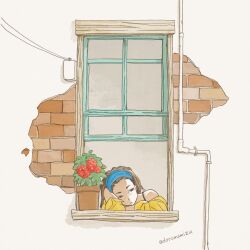  1girl black_eyes bra_strap brown_hair doromamizu head_rest highres light_frown off_shoulder original plant potted_plant shirt solo twitter_username window windowsill yellow_shirt 