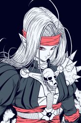  1boy cape commentary_request dragon_quest dragon_quest_iv expressionless fur_cape headband highres lee_(dragon_garou) limited_palette long_hair male_focus pisaro pointy_ears red_eyes red_headband shoulder_spikes single_shoulder_pad skull solo spikes upper_body 