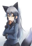  1girl amai_nekuta animal_ears bangs black_gloves black_hair black_skirt blush eating eyebrows_visible_through_hair food fox_ears fox_girl fox_tail fur-trimmed_sleeves fur_trim gloves gradient_hair hair_between_eyes hair_flaps holding holding_food jacket japari_bun kemono_friends long_hair looking_at_viewer multicolored_hair pleated_skirt sidelocks silver_fox_(kemono_friends) silver_hair simple_background skirt solo tail upper_body white_background yellow_eyes 