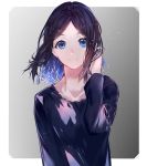  1girl azarea black_blouse black_hair blouse blue_eyes closed_mouth collarbone floating_hair gradient gradient_background hand_in_hair hand_up looking_at_viewer original smile solo upper_body wavy_hair 