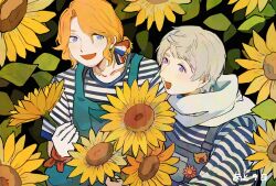  2boys axis_powers_hetalia blonde_hair blue_eyes blue_overalls blush bow breast_pocket chinese_commentary collarbone commentary_request facial_hair flag_print flower france_(hetalia) french_flag french_flag_print grey_hair hair_between_eyes hair_bow hand_up holding holding_flower looking_at_another low_ponytail male_focus multiple_boys open_mouth overalls pocket ponytail red_flower russia_(hetalia) scarf shenhaihua shirt short_hair short_ponytail short_sleeves sidelocks smile sparkling_eyes striped_clothes striped_shirt sunflower t-shirt upper_body violet_eyes white_scarf white_shirt wristband yellow_flower 