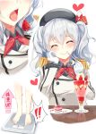  1girl beret blush bow closed_eyes collared_shirt commentary_request eating epaulettes food fork fork_in_mouth frilled_sleeves frills fruit gloves grey_shirt hand_on_own_cheek hat heart highres holding holding_fork ice_cream igakusei jacket kantai_collection kashima_(kantai_collection) long_hair long_sleeves looking_at_viewer multiple_views open_mouth scales shirt silver_hair simple_background smile strawberry sundae twintails weight_conscious white_gloves white_jacket 