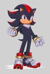  1boy absurdres animal_nose ankle_cuffs artist_name black_fur black_shoes chest_fur clenched_hand closed_mouth commentary curled_fingers english_commentary frown full_body furry furry_male gloves gold_ring grey_background hand_up hedgehog_boy highres inhibitor_rings jewelry looking_at_viewer male_focus multicolored_fur multicolored_shoes multiple_rings red_fur red_shoes ring serious shadow_the_hedgehog shoes simple_background solo sonic_(live_action) sonic_(series) sonic_the_hedgehog_3_(movie) standing tail twitter_username two-tone_fur waitochan white_gloves white_shoes 