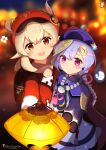  2girls ahoge backpack bag bangs bead_necklace beads blurry braid brown_gloves brown_scarf cabbie_hat chinchongcha chinese_clothes clover_print coat coin_hair_ornament commentary_request depth_of_field eyebrows_visible_through_hair genshin_impact gloves hair_between_eyes hat hat_feather hat_ornament highres jewelry jiangshi klee_(genshin_impact) lantern light_brown_hair long_hair long_sleeves looking_at_viewer low_ponytail low_twintails multiple_girls necklace ofuda orange_eyes pointy_ears purple_hair qing_guanmao qiqi_(genshin_impact) randoseru red_coat red_headwear scarf sidelocks single_braid twintails violet_eyes vision_(genshin_impact) 