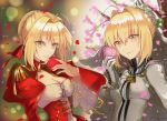  absurdres breasts chains cherry_blossoms cleavage corset epaulettes eyebrows_visible_through_hair eyelashes flower gloves green_eyes hair_intakes highres lock padlock petals rose saber_bride saber_extra see-through smile tree wreath yggdrasil_(664018742) zipper 