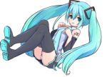  1girl aqua_eyes aqua_hair boots detached_sleeves full_body hatsune_miku highres long_hair necktie panties pantyshot pantyshot_(sitting) sitting skirt solo striped striped_panties thigh-highs thigh_boots twintails underwear very_long_hair vocaloid 