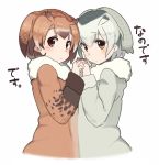  2girls blush brown_eyes brown_hair coat commentary_request eurasian_eagle_owl_(kemono_friends) eyebrows_visible_through_hair fur_collar fur_trim hand_holding head_wings interlocked_fingers kasa_list kemono_friends long_sleeves looking_at_viewer multicolored_hair multiple_girls northern_white-faced_owl_(kemono_friends) short_hair simple_background symmetrical_pose translation_request upper_body white_background white_hair wings 