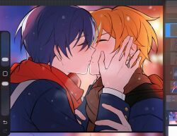 2boys aoyagi_touya blush closed_eyes earrings hands_on_another's_arms hands_on_another's_face highres jewelry kiss koushuiba long_sleeves multicolored_hair multiple_boys orange_hair project_sekai red_scarf scarf shinonome_akito yaoi