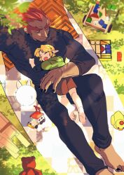  2boys age_difference alternate_costume arm_around_waist arm_behind_head arm_up barefoot bird black_nails black_pants black_shirt blonde_hair brown_shorts child closed_eyes clothes_grab commentary_request contemporary dappled_sunlight dark-skinned_male dark_skin day duck earrings foliage full_body ganondorf grass green_hoodie hair_slicked_back hood hoodie hoop_earrings jewelry knee_up link long_sleeves lying male_focus multiple_boys muscular muscular_male navi on_back on_pillow open_mouth outdoors pants picnic_blanket pointy_ears rani_grb red_hair shirt short_hair shorts size_difference sleeping stuffed_animal stuffed_toy sunlight teddy_bear the_legend_of_zelda the_legend_of_zelda:_ocarina_of_time tight_clothes toy toy_block toy_train young_link 