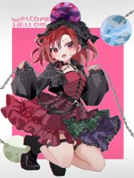  1girl :d adapted_costume belt black_belt black_boots black_choker black_hat black_jacket blue_skirt boots border chain choker commentary_request cropped_jacket earth_(ornament) emimi_(emimi_28) frilled_hat frills full_body green_skirt hands_up hat hecatia_lapislazuli highres holding holding_chain jacket layered_skirt long_sleeves looking_at_viewer moon_(ornament) multicolored_skirt outside_border parted_bangs pink_background plaid_clothes plaid_skirt red_eyes red_hair red_shirt red_skirt shirt short_hair skirt smile solo squatting thigh_strap touhou twitter_username underworld_(ornament) white_border 