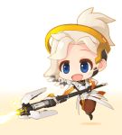  1girl animated animated_gif blinking blonde_hair blue_eyes chibi floating kim_ji_han mechanical_halo mercy_(overwatch) open_mouth overwatch solo speech_bubble staff tears white_background 