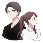  1boy 1girl andrew_hanbridge green_eyes highres kagari_atsuko little_witch_academia nakajima_asuka ponytail profile red_eyes simple_background twitter_username white_background 