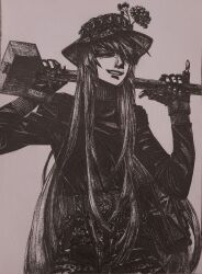  1girl black_gloves black_jacket bonnet bordfunker133 camouflage camouflage_pants carrying_over_shoulder digital_camouflage evgenia_blinova first_aid_pouch gloves greyscale grin hammer hat highres holding jacket long_hair long_sleeves mole mole_above_mouth mole_on_cheek monochrome original pants russo-ukrainian_war sledgehammer smile soldier solo tactical_gloves 