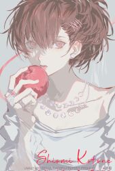  1girl apple brown_hair character_name chinese_commentary commentary_request corrupted_twitter_file earrings food fruit grey_background hair_between_eyes hair_ornament hairclip hand_up highres holding holding_food holding_fruit jewelry long_sleeves looking_at_viewer moon_phases necklace open_mouth pearl_earrings persona persona_3 persona_3_portable portrait qchng red_eyes ring shiomi_kotone shirt solo white_shirt 
