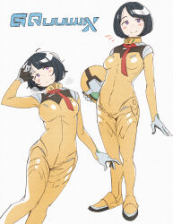  1girl black_gloves black_hair blue_eyes blunt_bangs blush blush_stickers bob_cut bodysuit breasts bright_pupils clenched_hand closed_mouth commentary_request copyright_name covered_navel cowboy_shot earth_federation_space_forces eitopondo expressionless gloves gundam gundam_gquuuuuux helmet highres holding holding_unworn_helmet looking_at_viewer mecha_pilot_suit multicolored_gloves no_sclera normal_suit_(gundam) notice_lines romaji_text shiiko_sugai short_hair simple_background skin_tight small_breasts solo standing two-sided_gloves two-tone_gloves unworn_headwear unworn_helmet white_background white_gloves white_pupils yellow_bodysuit 