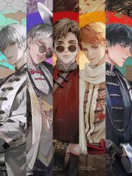  5boys absurdres aqua_background aqua_eyes bamboo_leaf bead_necklace beads belt black_background black_belt black_cape black_coat black_gloves black_hair black_jacket black_pants blue_jacket blue_shirt brown_background brown_hair brown_pants cane cape changpao charlie_su chinese_clothes chinese_commentary chinese_text closed_mouth coat coat_on_shoulders column_lineup cowboy_shot crane_print curtained_hair dywx_poison earrings expressionless fedora flower fringe_trim gloves green_eyes grey_background grey_hair grey_jacket hair_between_eyes half_updo hand_up hat head_tilt highres holding holding_cane holding_unworn_clothes holding_unworn_hat jacket jewelry kikkoumon lapels light_and_night_love light_smile lips long_sleeves looking_at_viewer lu_chen male_focus mole mole_under_eye multiple_boys necklace notched_lapels open_clothes open_jacket orange_background orange_hair pants parted_bangs parted_lips patterned_background phoenix_print plum_blossoms print_shirt profile purple_background qi_sili red_background red_eyes red_flower red_robe robe rope_belt round_eyewear scarf shirt shirt_tucked_in short_hair sideways_glance sleeve_cuffs smile stole straight-on sunglasses swept_bangs tangzhuang two-tone_background unworn_hat unworn_headwear upper_body violet_eyes white_hair white_hat white_scarf white_shirt xia_mingxing xiao_yi_(light_and_night_love) yellow_background yellow_eyes 