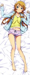  1girl absurdres barefoot bed_sheet blue_eyes blue_jacket blush brown_hair collarbone dakimakura feet from_above full_body groin hair_ornament highres jacket kanzaki_hiro kousaka_kirino long_hair looking_at_viewer lying navel official_art on_back ore_no_imouto_ga_konna_ni_kawaii_wake_ga_nai scan shirt short_shorts shorts smile solo striped striped_shorts toes yellow_shirt 