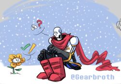  ! 2020 2boys 2d ? armor artist_name black_gloves blue_shorts boots broken_heart digital_media duo flower flowey_(undertale) gearbroth gloves grey_background heart humanoid knees_up looking_at_another male male_focus male_only monster monster_boy multiple_boys papyrus_(undertale) red_boots red_scarf scarf shorts simple_background sitting skeleton snow spoken_broken_heart spoken_exclamation_mark spoken_heart spoken_question_mark teeth undead undertale utdr_(toby_fox) white_armor yellow_flower 