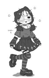  1girl animal_ears artist_self-insert blush cat_ears choker commentary_request eyepatch fang goth_fashion gothic_punk greyscale highres long_hair low_twintails monochrome original possi_(possummachine) possummachine simple_background skin_fang thigh-highs twintails white_background 