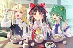  +_+ 3girls :d :o ascot bare_shoulders black_vest blonde_hair bow bowl braid brown_hair choko_(cup) chopsticks closed_mouth collared_shirt commentary_request cup day detached_sleeves eating food frilled_bow frilled_hair_tubes frilled_shirt_collar frills frog_hair_ornament green_eyes green_hair hair_bow hair_ornament hair_tubes hakurei_reimu hand_on_own_cheek hand_on_own_face holding holding_chopsticks holding_with_chopsticks indoors kirisame_marisa kochiya_sanae long_hair long_sleeves looking_at_viewer multiple_girls no_headwear noodles open_mouth plate red_bow red_eyes red_ribbon red_shirt ribbon ribbon-trimmed_sleeves ribbon_trim shirt side_braid single_braid single_hair_tube sleeveless sleeveless_shirt smile snake_hair_ornament sunlight syuri22 tokkuri touhou udon upper_body vest white_bow white_shirt white_sleeves wide_sleeves window yellow_ascot yellow_eyes 