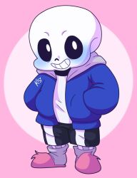  1boy 2022 2d black_shorts blue_blush blue_jacket blush border colored_blush cute digital_media full_body grey_hood grey_socks grin hands_in_pockets highres hollow_eyes hood hood_down hooded_jacket humanoid jacket kittysuneonskyrim male male_focus male_only monster monster_boy open_clothes open_jacket outside_border pink_background pink_slippers round_border sans_(undertale) shirt shorts signature simple_background single_vertical_stripe skeleton slippers smile socks solo standing striped_shorts teeth two-tone_background undead undertale utdr_(toby_fox) vertical-striped_clothes vertical-striped_shorts white_shirt white_stripes 