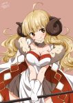  1girl 2017 :q ahoge anila_(granblue_fantasy) blonde_hair blush breasts brown_eyes brown_skirt cape cleavage dated gloves granblue_fantasy highres horns long_hair medium_breasts pink_background ragho_no_erika sheep_horns simple_background skirt solo staff tongue tongue_out white_gloves 