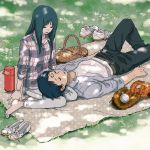  1boy 1girl ansatsu_kyoushitsu barefoot baseball baseball_glove basket black_hair closed_eyes couple feet grass hetero highres kanzaki_yukiko lap_pillow long_hair picnic picnic_basket shishamo_(abc_shishamo) shoes_removed sleeping sugino_tomohito thermos 