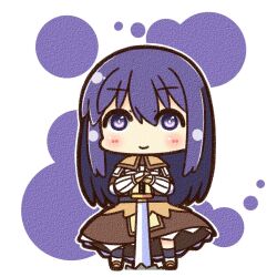  1girl black_socks blush brown_dress canvas_texture chibi chibi_only closed_mouth commentary_request dress full_body gauntlets holding holding_sword holding_weapon long_hair looking_at_viewer purple_hair ragnarok_online shizukushigure simple_background smile socks solo standing sword swordsman_(ragnarok_online) violet_eyes weapon white_background 