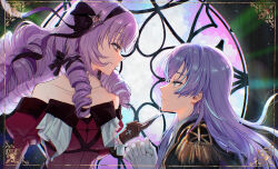  1boy 1girl black_jacket blue_hair border claws commentary_request dress drill_hair epaulettes fake_claws from_side frown gloves green_eyes half-closed_eyes hand_on_another's_chin hoshirube_sho hyakumantenbara_salome hyakumantenbara_salome_(1st_costume) jacket kneeling multicolored_hair nagikiho nijisanji nijisanji_idol_uniform off-shoulder_dress off_shoulder own_hands_clasped own_hands_together purple_hair red_dress smile sparkle streaked_hair upper_body violet_eyes virtual_youtuber white_gloves window 