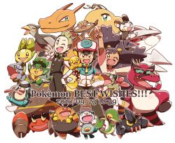  1girl 2boys ;d ^_^ arm_up ash_ketchum baseball_cap big_hair black_gloves black_hair black_pants black_vest blue_jacket blush boldore bow bowtie bright_pupils brown_eyes charizard cilan_(pokemon) closed_eyes closed_mouth commentary_request copyright_name crossed_arms crustle dark-skinned_female dark_skin dragonite emolga excadrill eyelashes fangs fingerless_gloves gible gloves green_bow green_bowtie green_eyes green_hair grey_pants hair_between_eyes hand_on_own_hip hat highres iris_(pokemon) jacket krookodile leavanny long_hair long_sleeves long_tongue multicolored_jacket multiple_boys no_sclera nostrils on_shoulder one_eye_closed open_mouth oshawott outline palpitoad pansage pants pignite pikachu pokemon pokemon_(anime) pokemon_(creature) pokemon_bw_(anime) pokemon_on_shoulder purple_hair red-framed_eyewear sharp_teeth shirt short_hair short_sleeves simple_background smile snivy standing standing_on_one_leg stunfisk sunglasses teeth thumbs_up tongue tongue_out traditional_bowtie two-tone_jacket unfezant unfezant_(female) upper_teeth_only v very_long_hair vest w white_background white_jacket white_outline white_pupils white_shirt yellow_eyes yukikokoro zipper 